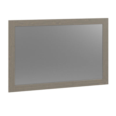 Rectangular dresser mirror with a plain weathered gray wood frame, shown at an angle on white