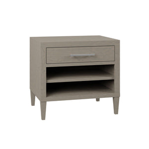 Gray finish nightstand with one drawer, chrome bar pull, open shelf below and tapered legs