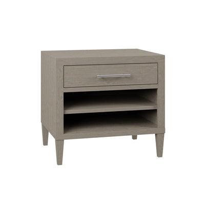 Gray finish nightstand with one drawer, chrome bar pull, open shelf below and tapered legs