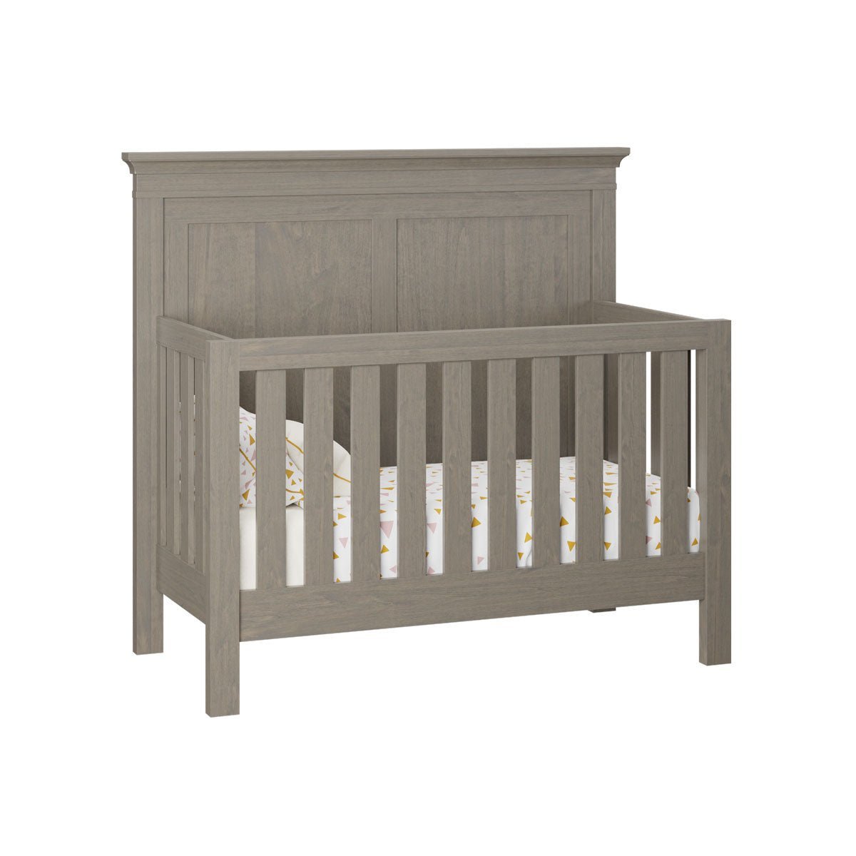 Driftwood gray convertible crib with two panel headboard, molded top rail and vertical slat sides