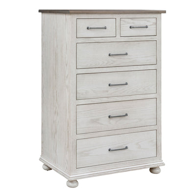 Six drawer chest in an antique white finish with a weathered gray top, pewter pulls and turned bun feet