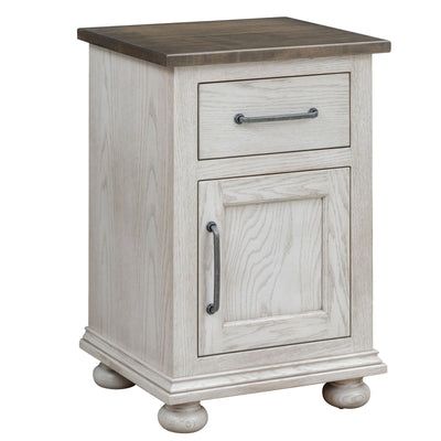 Antique white nightstand with one drawer over a raised panel door, pewter pulls, molded base and bun feet