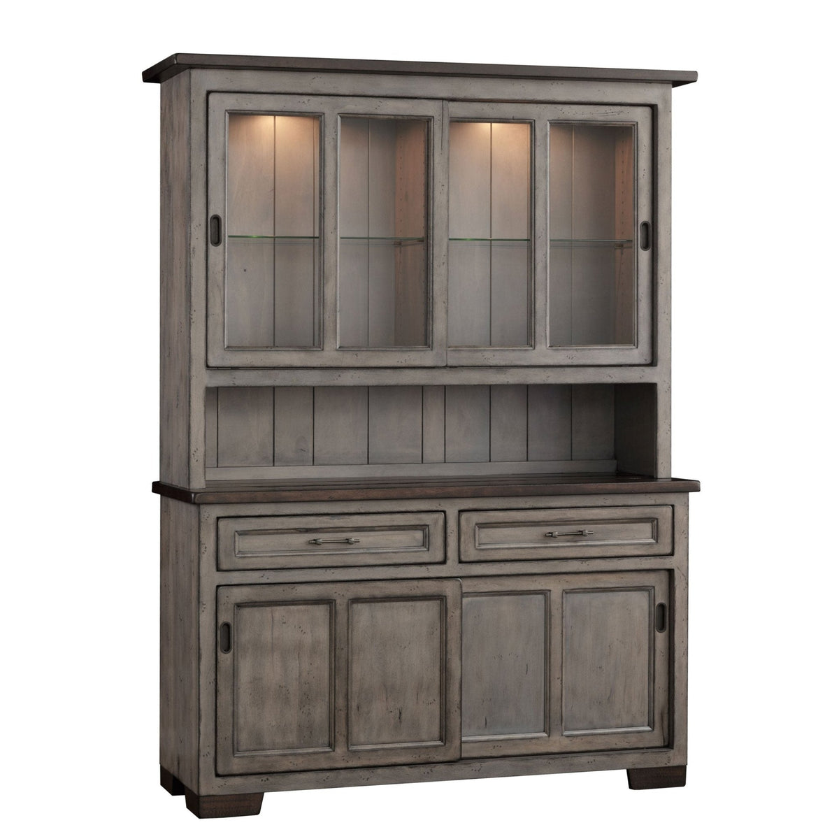 Distressed gray sliding door hutch with four glass panels, open plank back display shelf, two drawers and paneled base