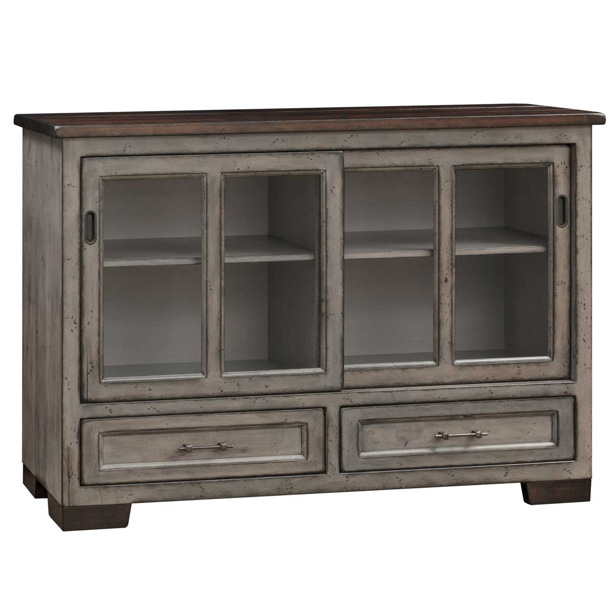 Distressed gray server with two sliding glass doors, open shelves inside, walnut top and two drawers with bar pulls