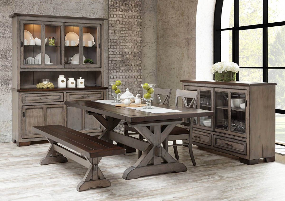 Rustic dining room set with X trestle table, bench, china cabinet and glass door server in weathered gray and walnut