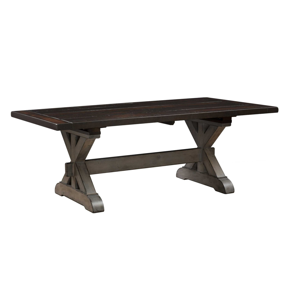 Hudson trestle dining table with dark espresso plank top, weathered gray X trestle base and long stretcher