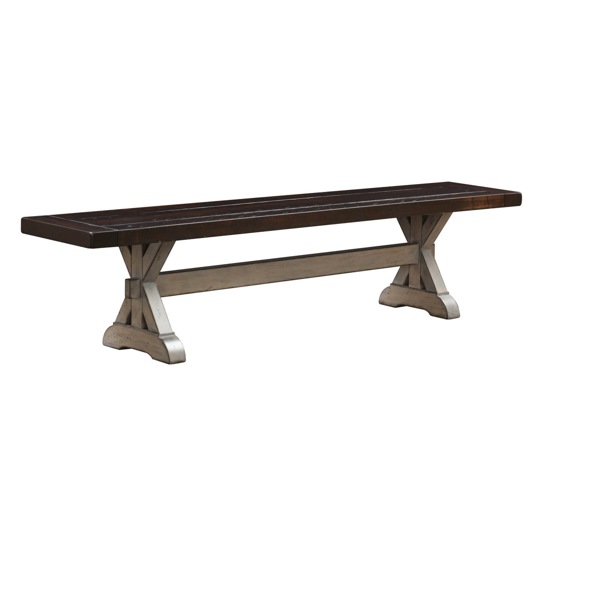X base trestle dining bench with dark espresso plank seat, gray trestle legs and center stretcher on a white background