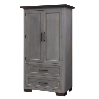 Gray two-door armoire with paneled doors, two bottom drawers, black bar pulls and a dark top
