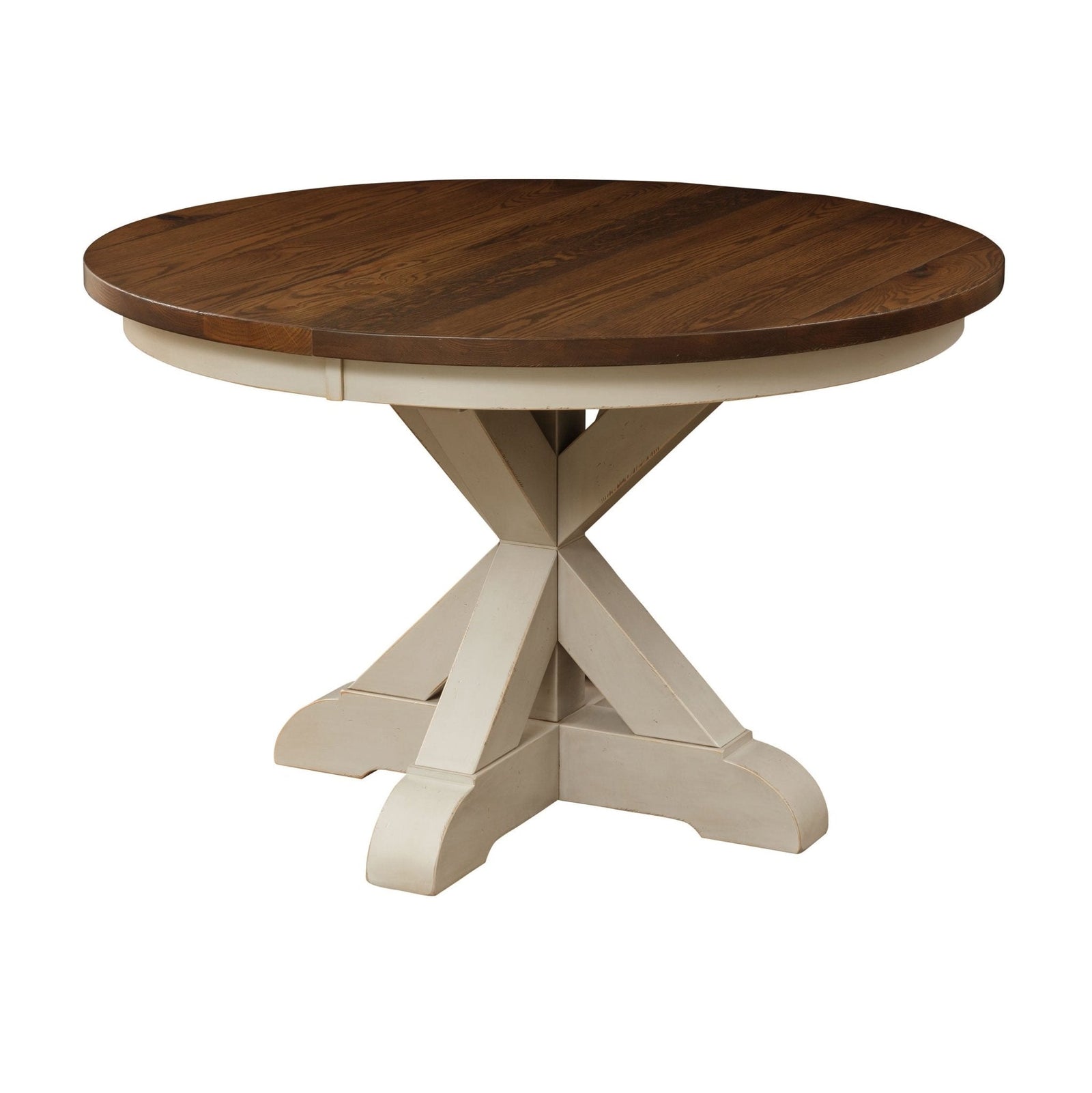 Round expandable pedestal table with dark oak plank top and white X pedestal base, surrounded by slat back chairs
