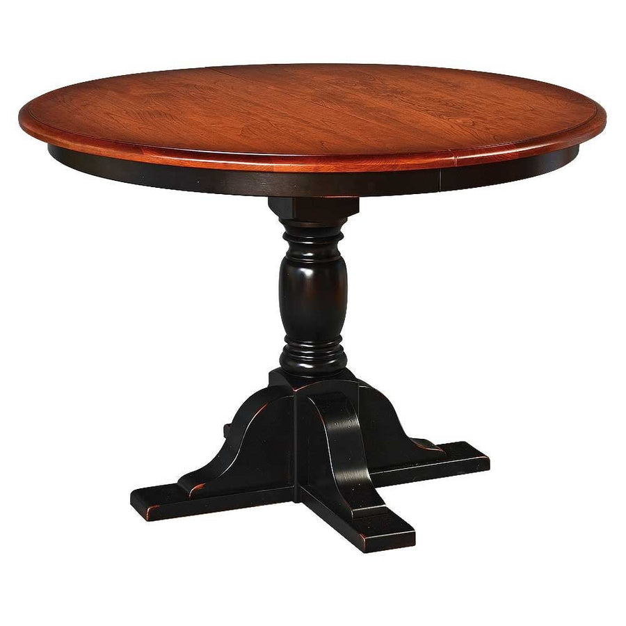 Expandable round pedestal dining table with cherry stained top and distressed black urn pedestal on white