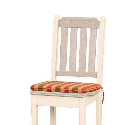 Cream slat back poly patio chair fitted with a striped orange and green seat cushion