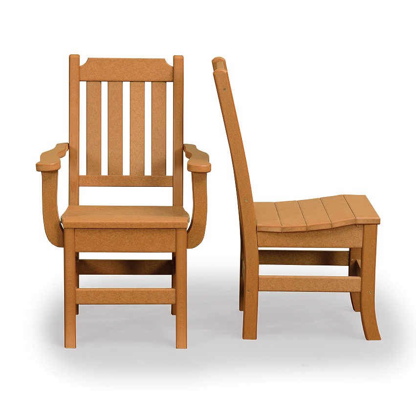 Front and side view of a cedar poly dining chair showing the slat back, arms and contoured seat