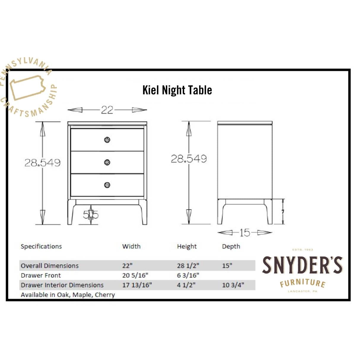 Kiel night table diagram: 22 inches wide, 28 1/2 inches high, 15 inches deep with three drawers