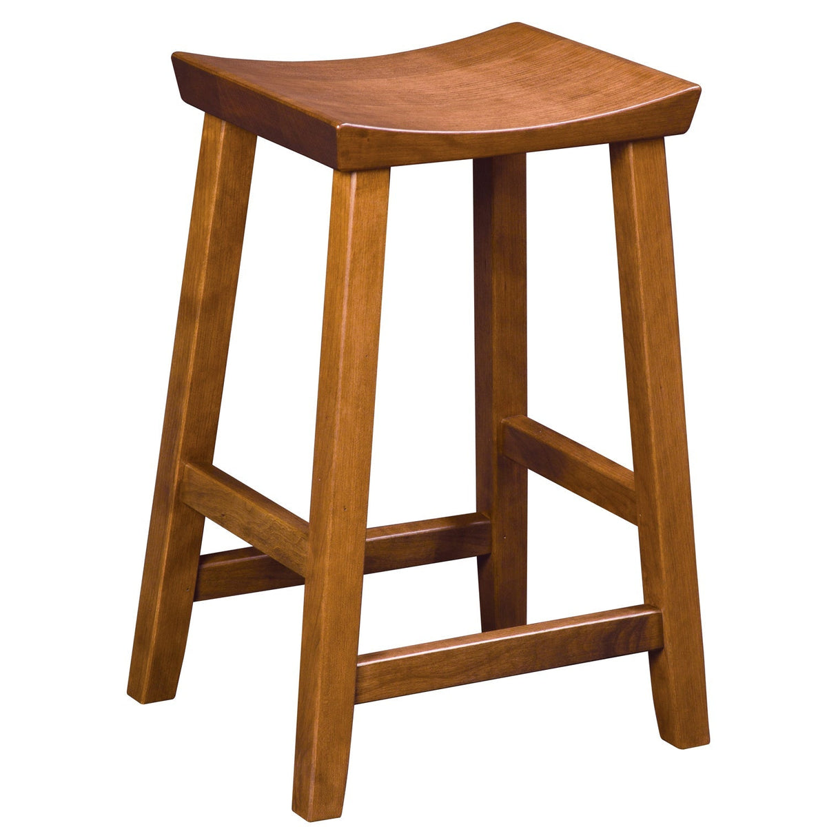 Backless wooden saddle stool with a scooped seat, tapered legs and stretcher footrails shown at an angle