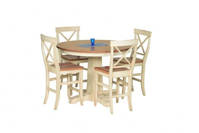 Round pedestal counter height table with a cream painted base, natural wood top and four X back stools
