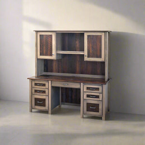 Two-tone gray and barnwood pedestal desk with a large hutch, two paneled doors, shelf and six drawers