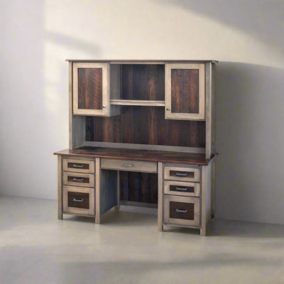 Two-tone gray and barnwood pedestal desk with a large hutch, two paneled doors, shelf and six drawers