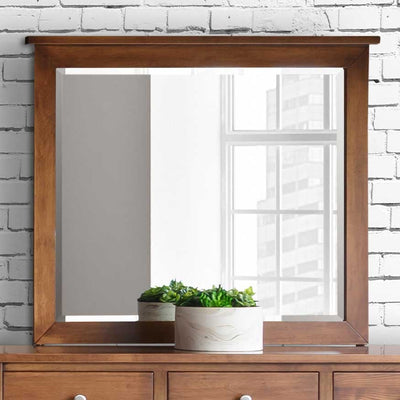 Wide wood framed vertical mirror with beveled glass hung above a dresser with potted succulents by white brick