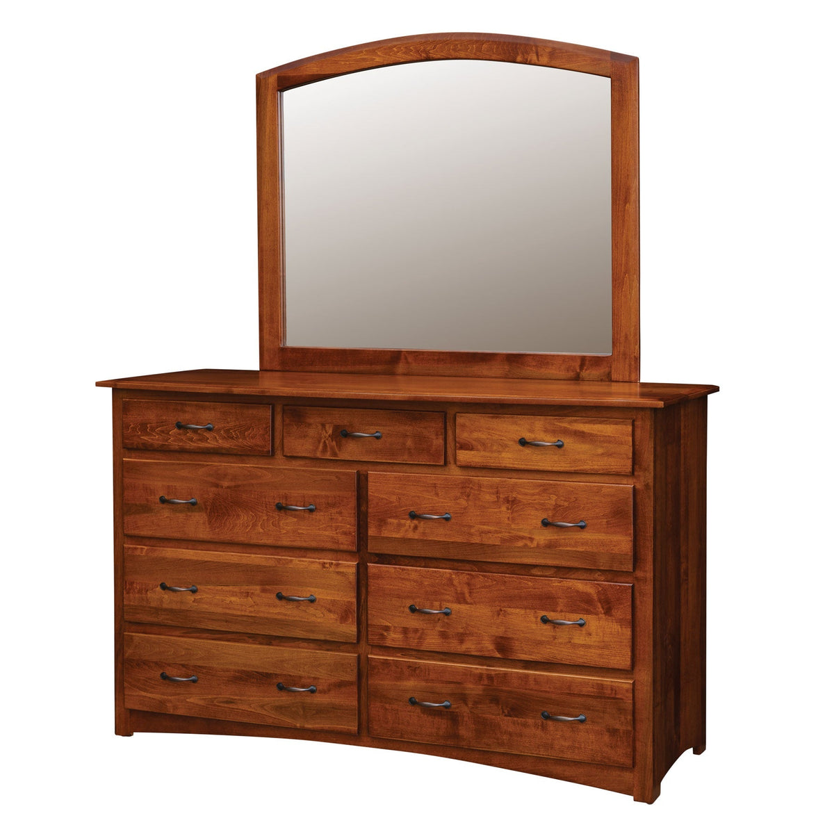 Rich brown maple nine drawer dresser with a tall arched mirror, black bar pulls and shaped base