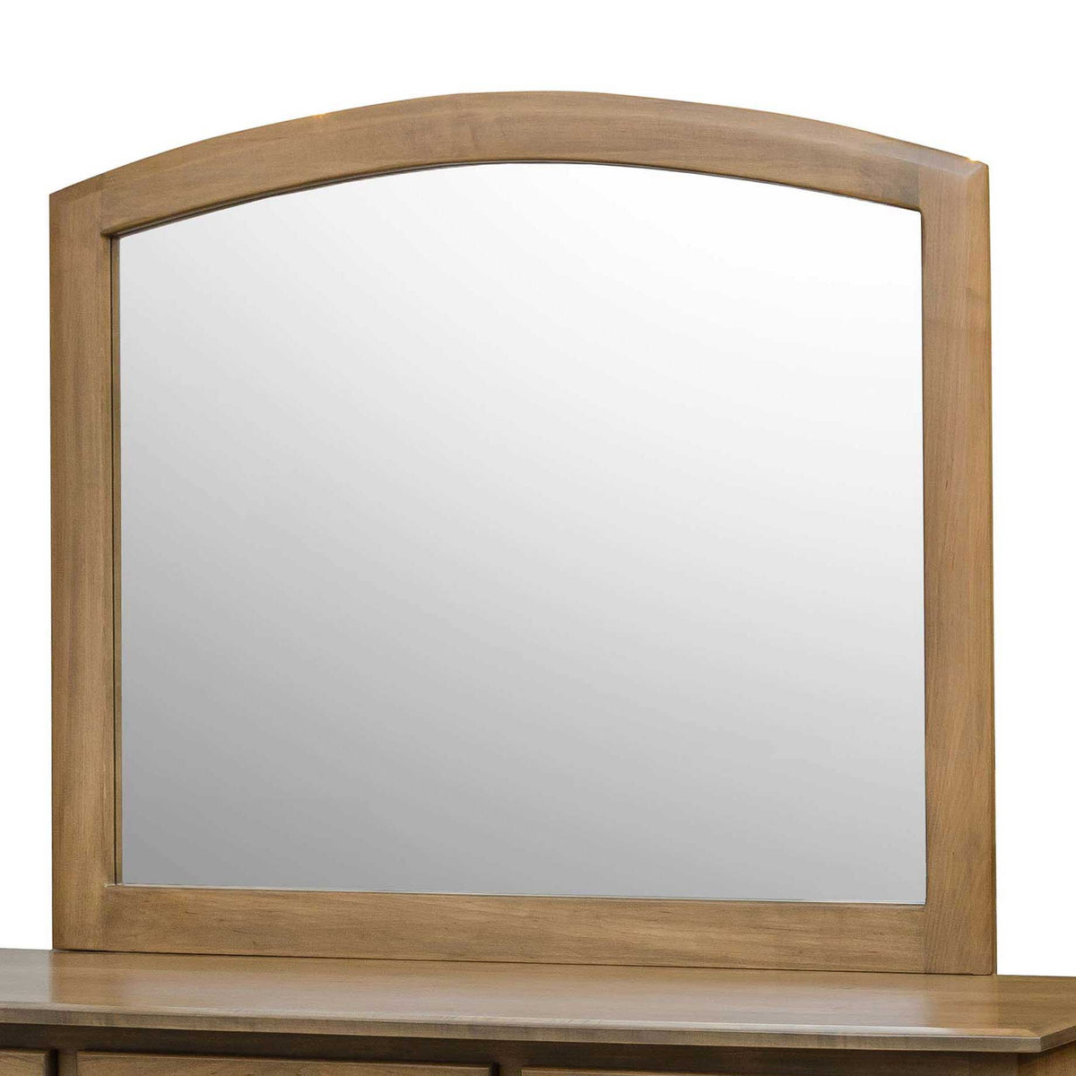 Arched wood dresser mirror in a light natural finish with a simple flat frame above the dresser top