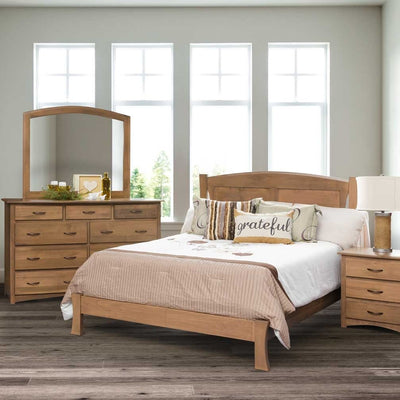 Four-piece bedroom set in light natural wood with arched panel bed, nine-drawer dresser, mirror and nightstand
