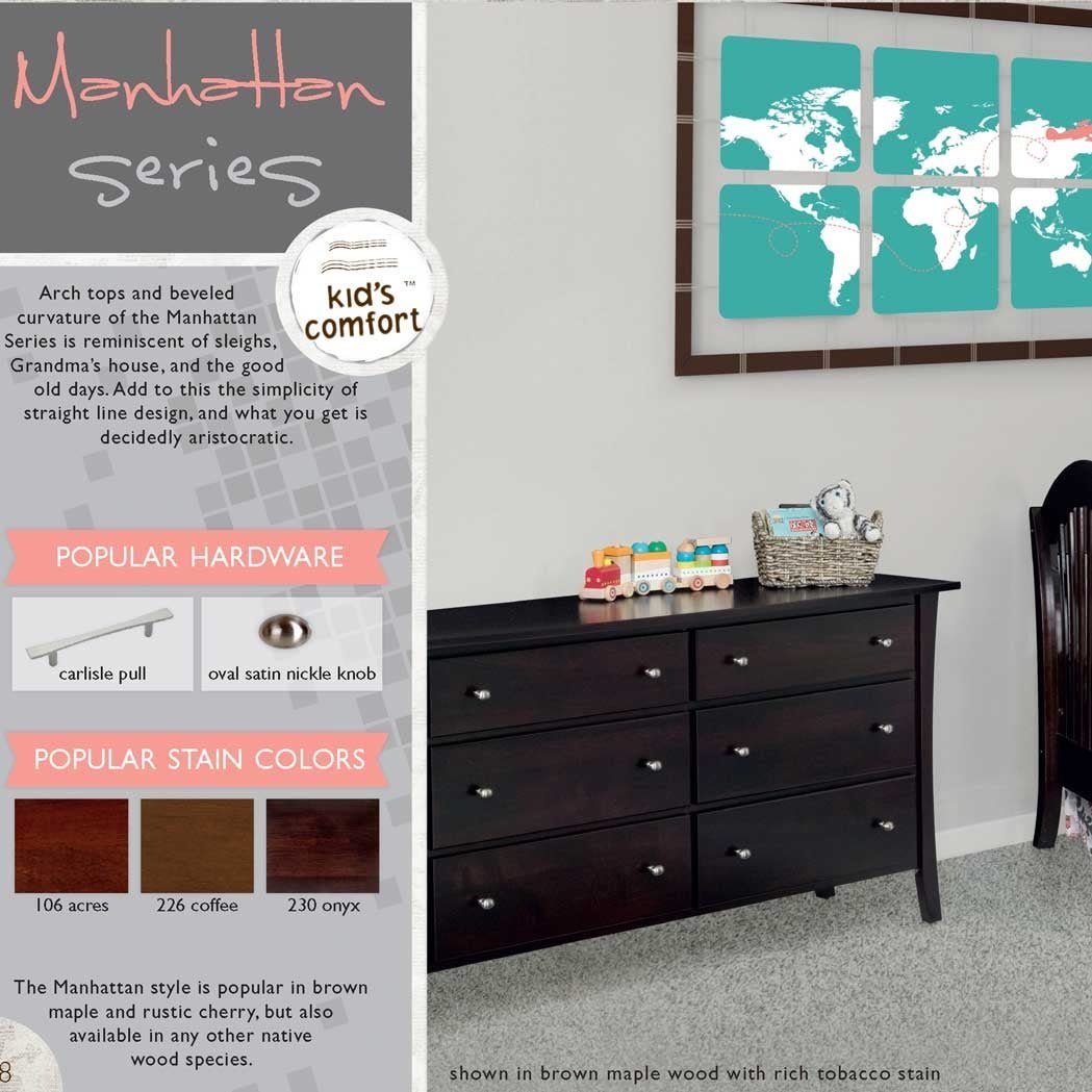 Manhattan series page showing hardware, three stain chips and an espresso six drawer dresser under a world map