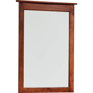 Rectangular dresser mirror with a cherry stained frame and a flat crown molding top rail