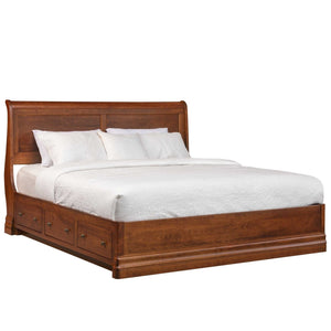 Cherry euro platform sleigh bed with a curved headboard, white bedding and three under-bed storage drawers