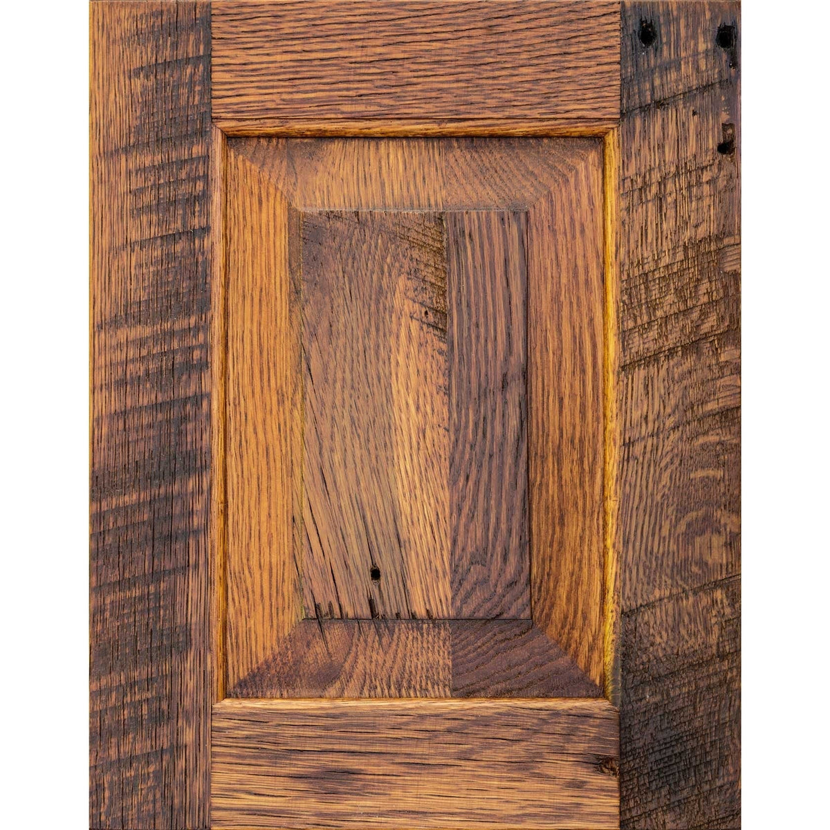 Michaels finish on oak barnwood door sample with golden brown rough sawn boards and a raised panel