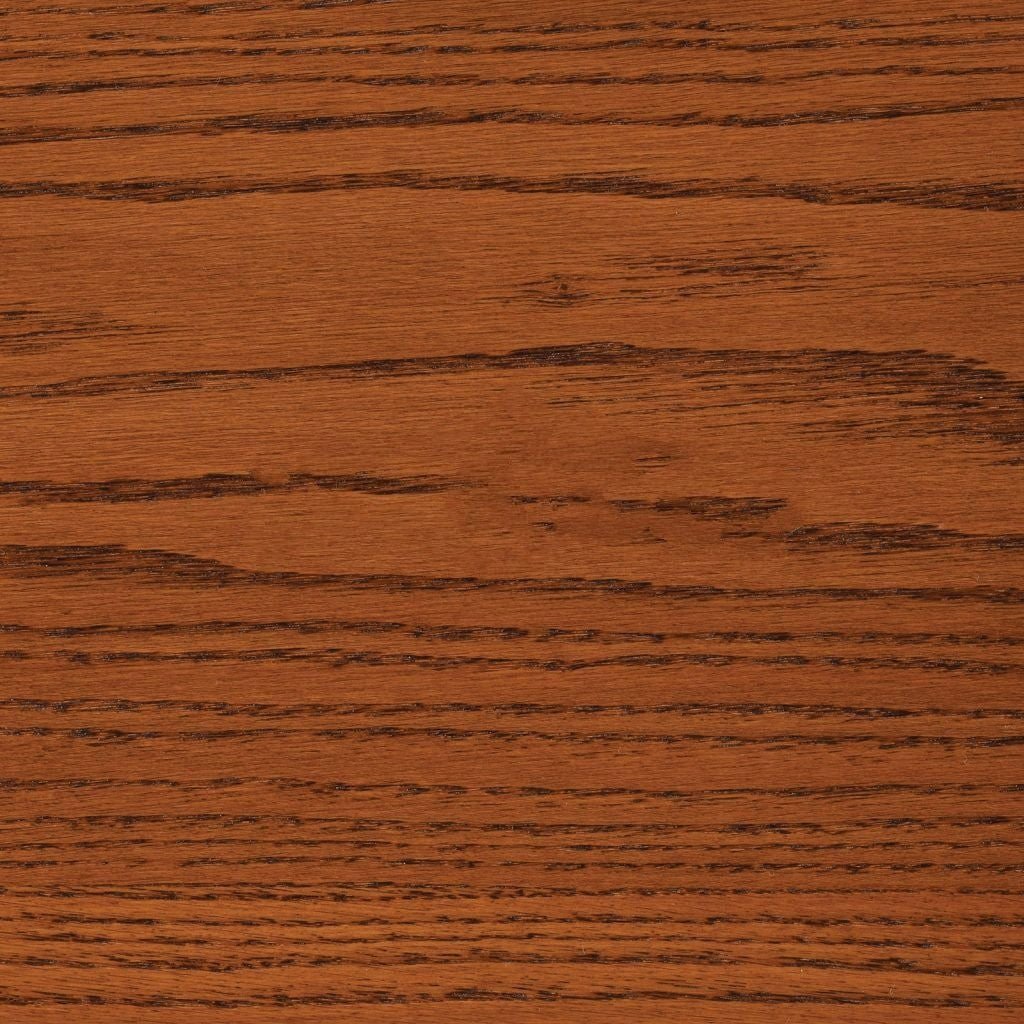 Micheals stain on oak, a warm amber brown swatch with pronounced dark oak grain patterning