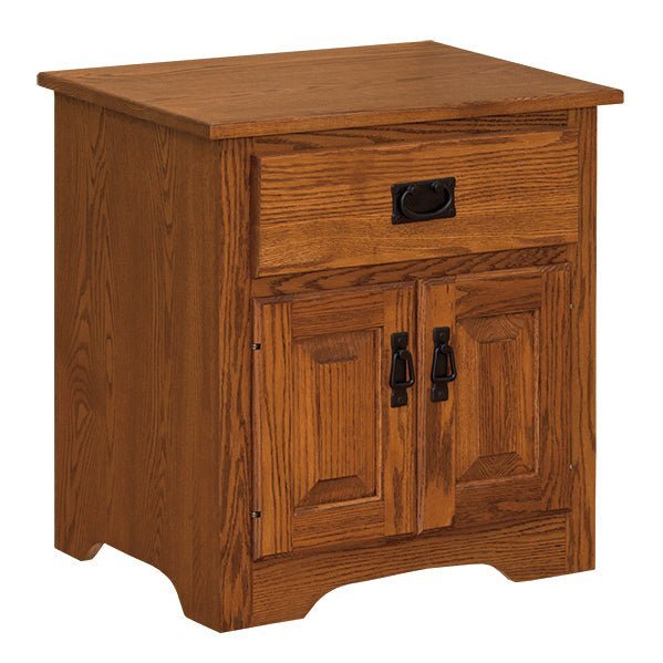Mission oak nightstand with one wide drawer above two raised panel doors and black hardware