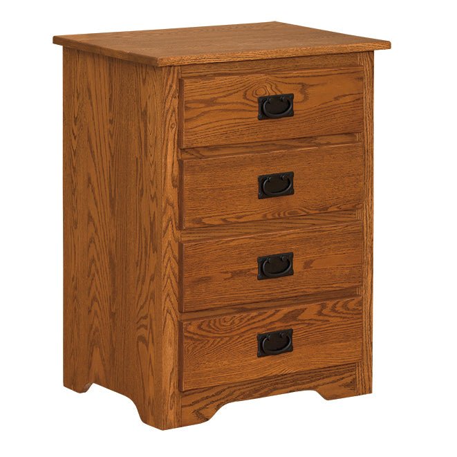 Four drawer Mission oak nightstand with quartersawn grain, black recessed pulls and a shaped skirt