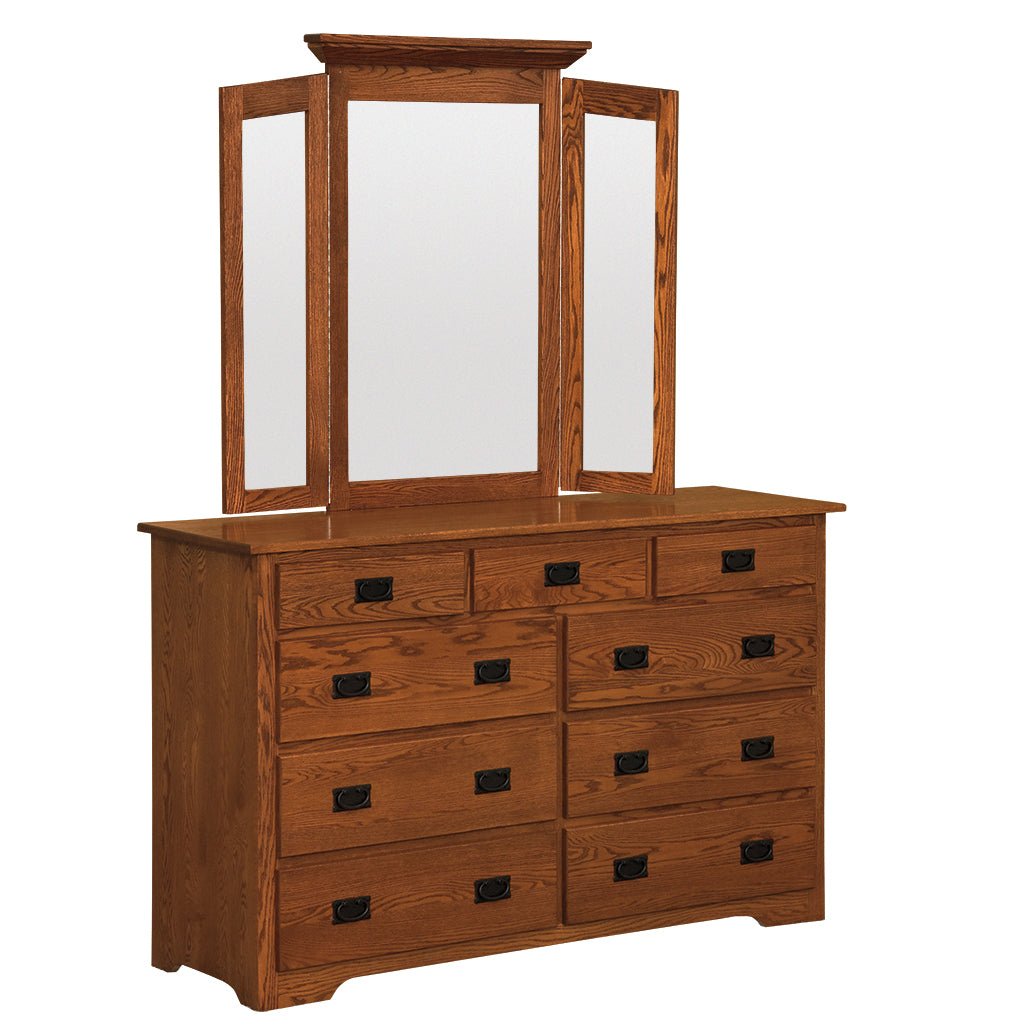 Nine drawer Mission oak mule chest dresser topped with a three panel tri-view mirror and black pulls