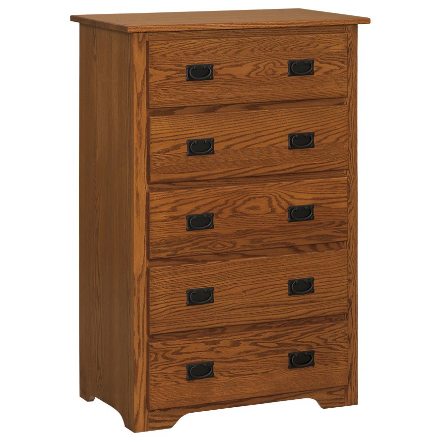 Five drawer Mission oak chest of drawers with paired black bail pulls and a shaped base