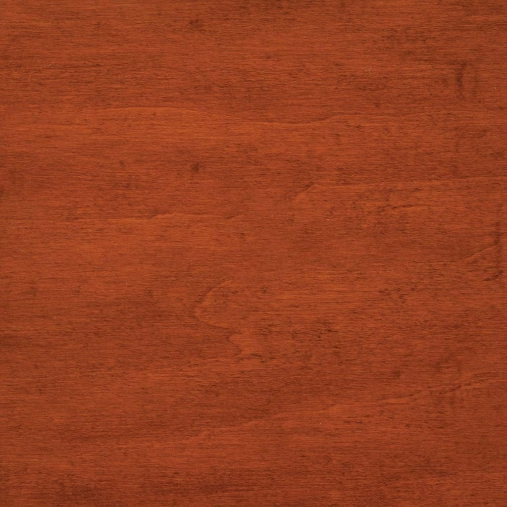 Mission stain on maple, a bright brick red brown swatch with fine even grain and satin sheen