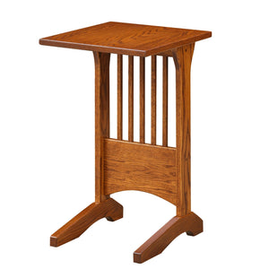 Oak sofa server tray table with slat panel sides, arched rail and curved trestle feet on a white background