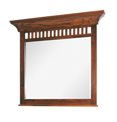 Mission style oak dresser mirror with a flared crown and slatted top gallery over the beveled glass