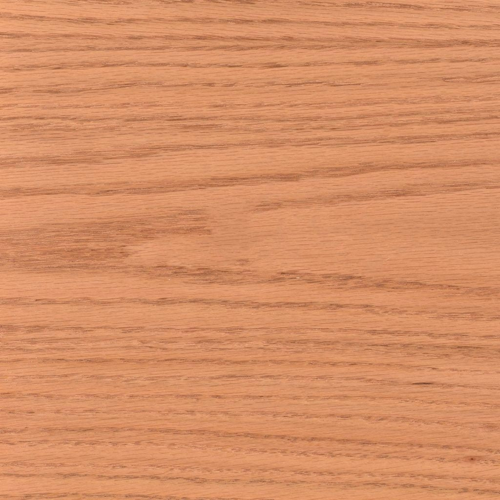 MX stain on oak, a light natural tan swatch with fine straight oak grain and a clear satin finish