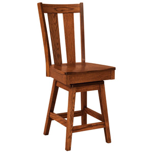 Oak swivel bar stool with a wide splat back, saddle seat and angled legs with footrest stretchers