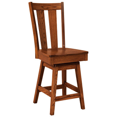 Oak swivel bar stool with a wide splat back, saddle seat and angled legs with footrest stretchers