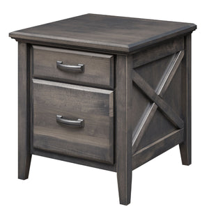 Two drawer file cabinet in weathered gray wood with an X side panel and brushed nickel arched pulls
