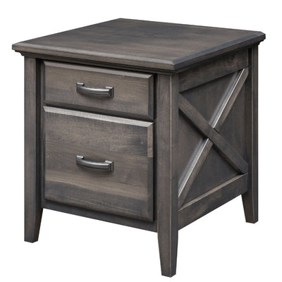 Two drawer file cabinet in weathered gray wood with an X side panel and brushed nickel arched pulls