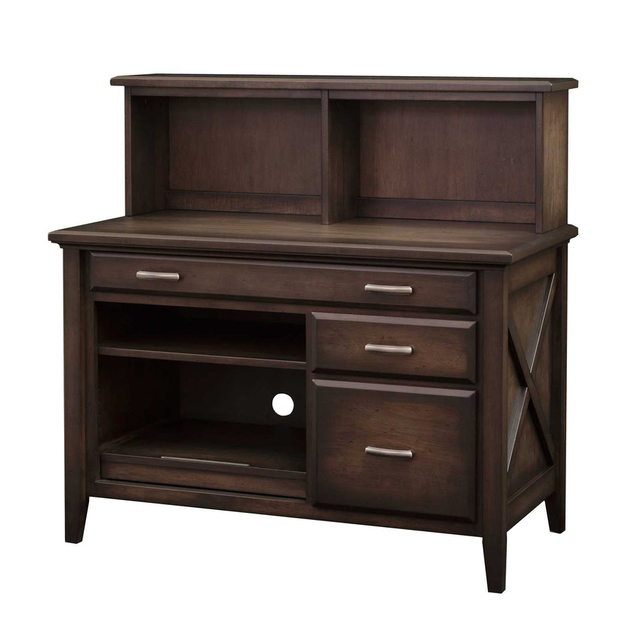 Compact computer credenza with a low two-cubby hutch, three drawers and an open printer bay with cord hole