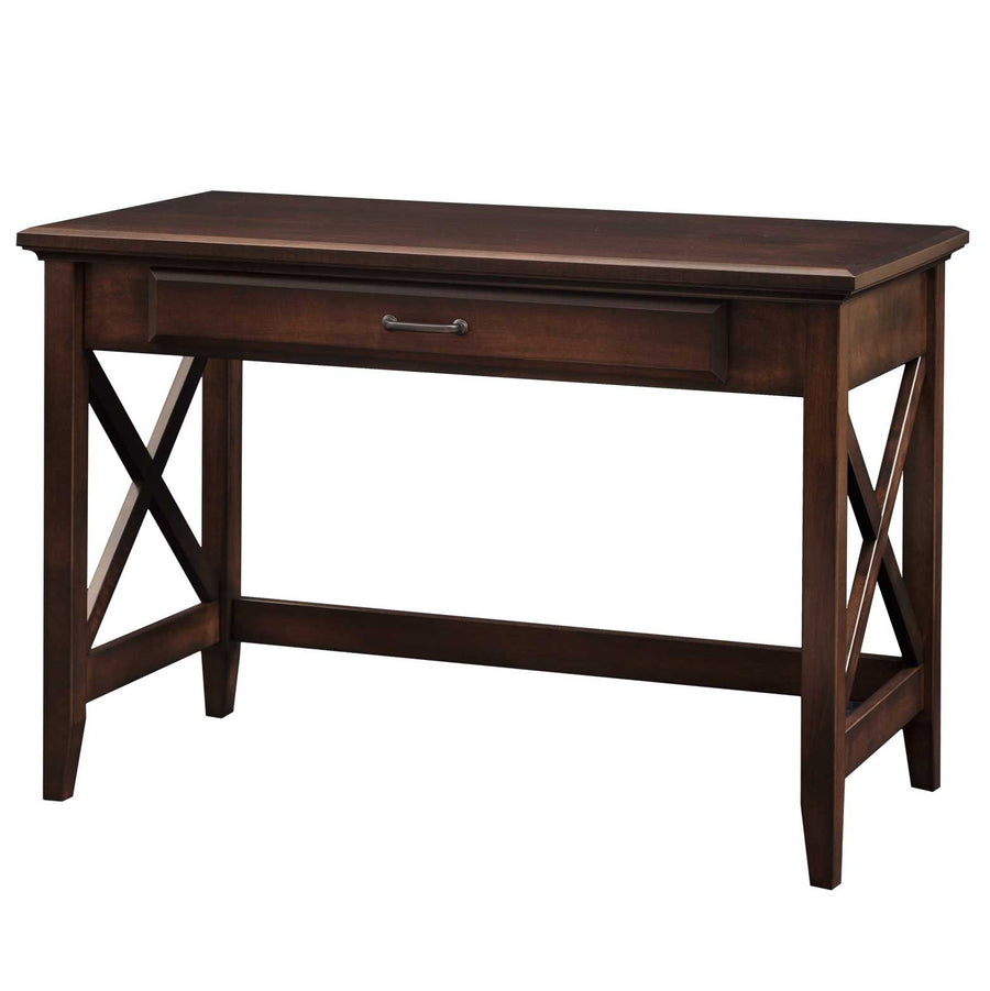 Table desk in dark walnut with one wide drawer, X braced side panels and a low stretcher between the legs