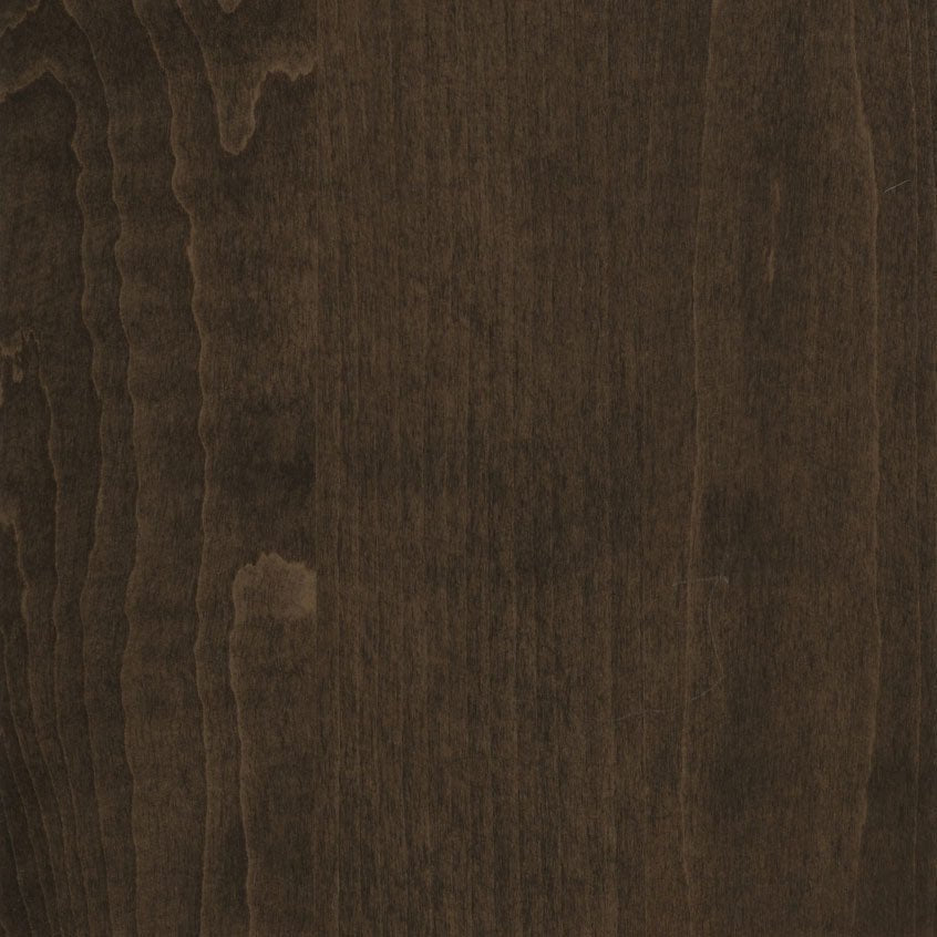 Cocoa stain on maple, a dark chocolate brown swatch with subtle streaked figure running vertically