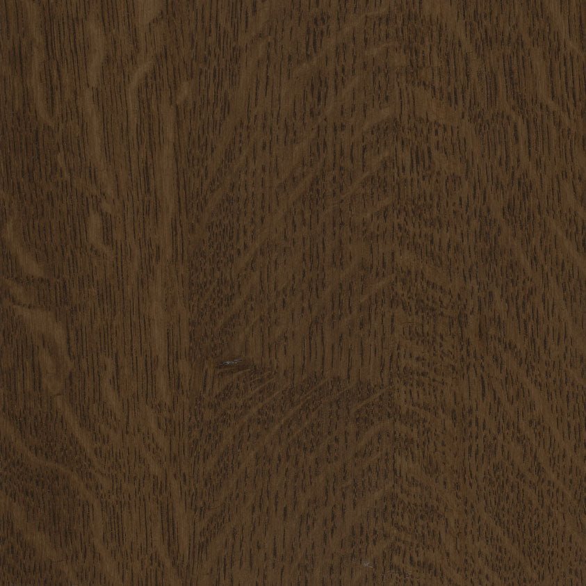 Cocoa on quartersawn white oak, a dark brown swatch showing fine vertical rays and flecked figure