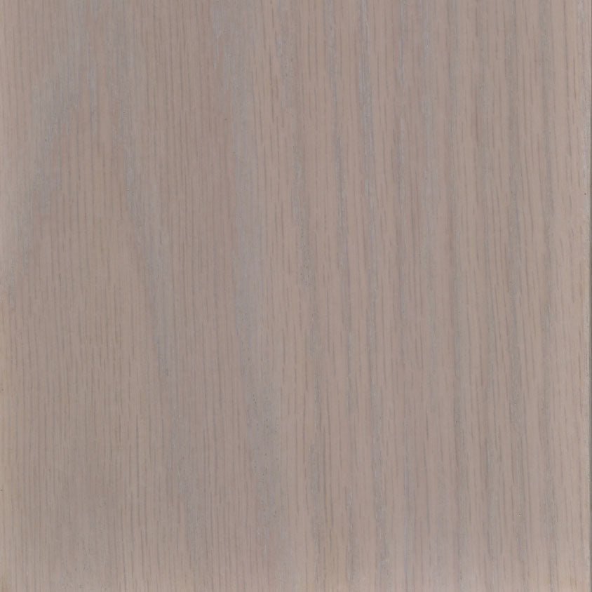 Frost stain on oak, a pale whitewashed gray swatch with soft straight grain showing faintly through