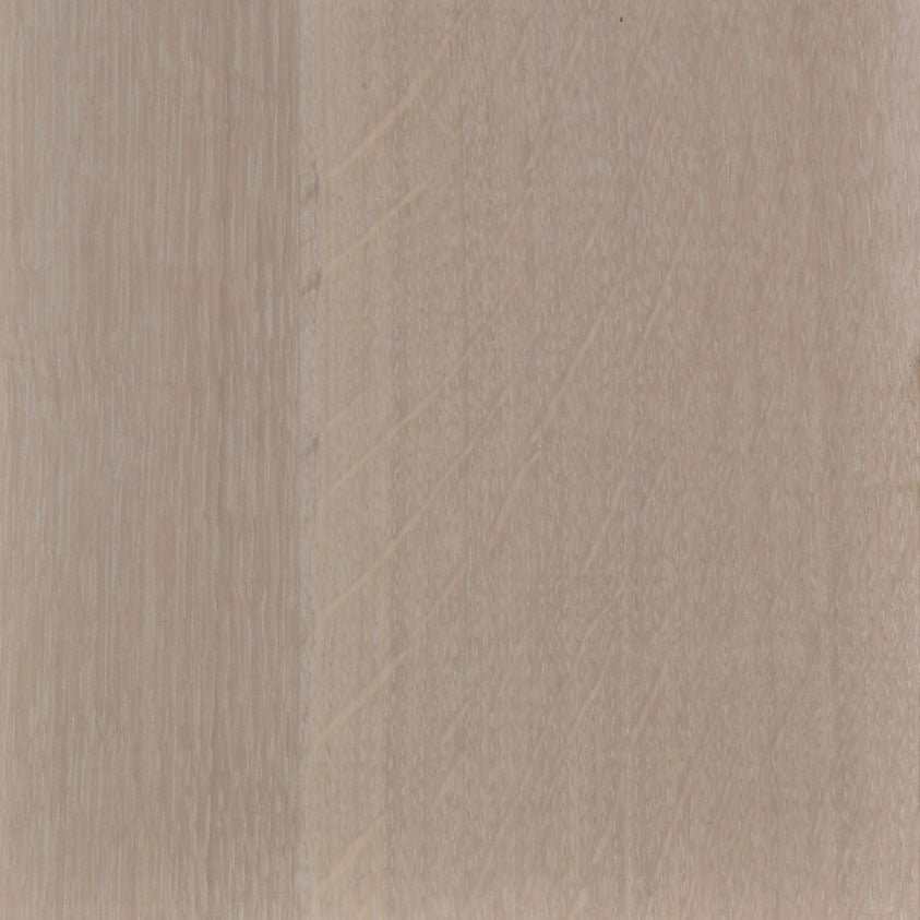 Frost on quartersawn white oak, a light greige swatch with visible ray fleck and whitewashed grain