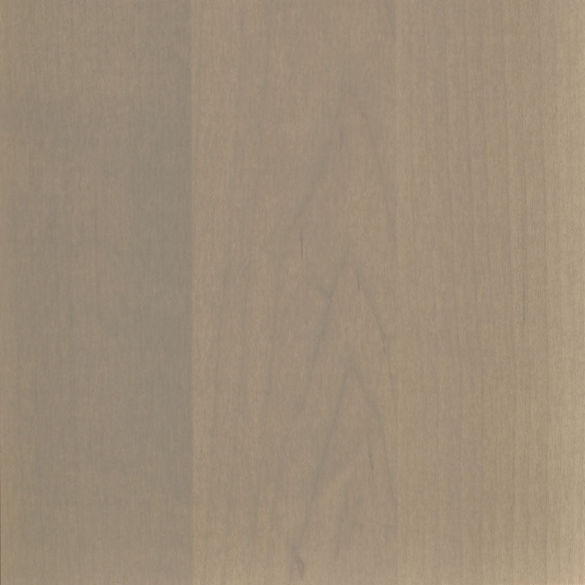 Sand stain on brown maple, a soft warm gray beige swatch with faint flame figure across two boards