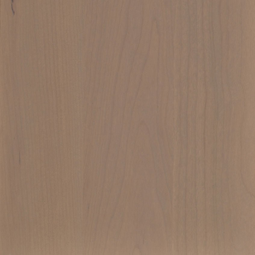 Sand stain on cherry, a light taupe gray swatch with gentle straight grain and a muted matte finish